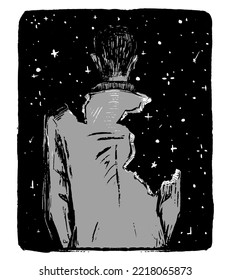 Man breaks down like a sculpture on background of stars. Human soul concept. Monochrome hand drawn vector illustration. Abstract graphic picture isolated on white. Artistic print on vintage style..