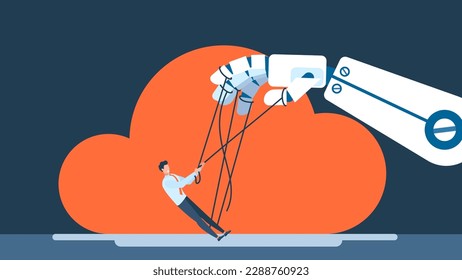 Man breaks free from dependence on AI. Robot controlling puppet business human. Robotic cyborg hand manipulating human puppet on red background. Robot. Artificial Intelligence. Vector illustration