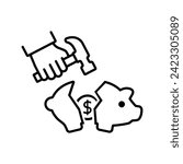 A man breaks a piggy bank. Broken Piggy Bank black line icon. Financial crisis, economic depression. Concept crash financial. Vector illustration flat design. Isolated on white background.