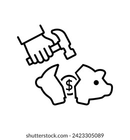 A man breaks a piggy bank. Broken Piggy Bank black line icon. Financial crisis, economic depression. Concept crash financial. Vector illustration flat design. Isolated on white background.