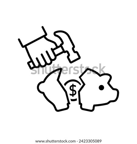 A man breaks a piggy bank. Broken Piggy Bank black line icon. Financial crisis, economic depression. Concept crash financial. Vector illustration flat design. Isolated on white background.
