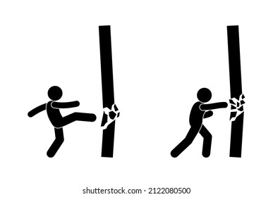 man breaks wall, hand strike destroys concrete, strong kick with foot, icon set people overcome obstacles, stick figure human silhouette isolated on white