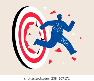 Man breakthrough huge target for goal achievement and career success. Colorful vector illustration 
