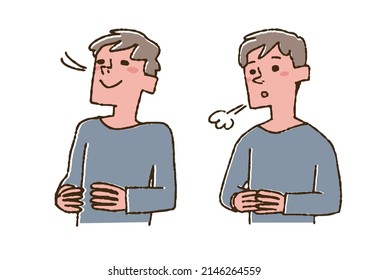 A man breathing abdomen, a comical handwritten person, vector, line drawing and color