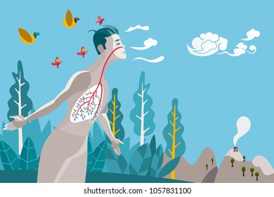 Man breathing in a natural and healthy environment. His lungs are branches and leaves of a tree, metaphor of a healthy life.
