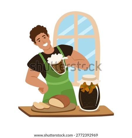Man brewing kvass through fermentation at home, young adult in an apron holding a mug with froth near bread and mint jar. Homemade beverage making.