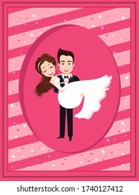 Man with bride vector, wedding ceremony of happy couple in love, banner with people bridegroom and lady smiling of happiness, matrimony engagement