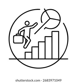 Man with briefcase climbs bar chart towards pie chart representing business growth and success