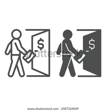 Man with briefcase at entrance door line and solid icon, bank account concept. Vector graphics. Business client with portfolio sign on white background, outline style icon for mobile or web design