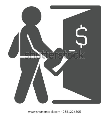 Man with briefcase at entrance door solid icon, bank account concept. Vector graphics. Business client with portfolio sign on white background, glyph style icon for mobile or web design