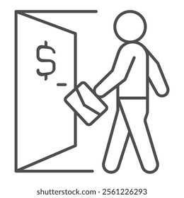 Man with briefcase at entrance door thin line icon, bank account concept. Vector graphics. Business client with portfolio sign on white background, outline style icon for mobile or web design