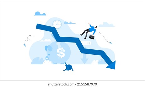 Man with briefcase flying down from arrow chart. Animation ready duik friendly vector. Conceptual business story. Financial crisis, economic recession, bankruptcy, depression.
