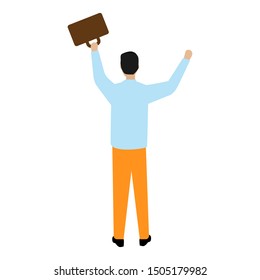 The man with the briefcase happy. The view from the back. Flat cartoon character isolated on white background