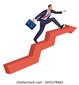 man with a briefcase in his hands confidently strides along the red arrow, which strives up, success, aspiration, isolated object on a white background,
