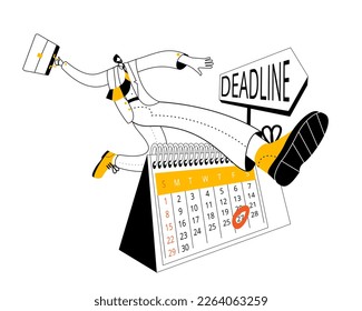 A man with a briefcase jumps over a calendar with the date highlighted. Vector illustration in the style of outline on the theme of time management.