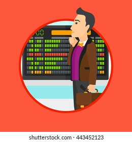 Man with a briefcase looking at departure board at the airport. Passenger standing at the airport in front of the departure board. Vector flat design illustration in the circle isolated on background.