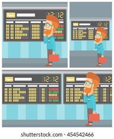 Man with a briefcase looking at departure board at the airport. Passenger standing at the airport in front of departure board. Vector flat design illustration. Square, horizontal, vertical layouts.