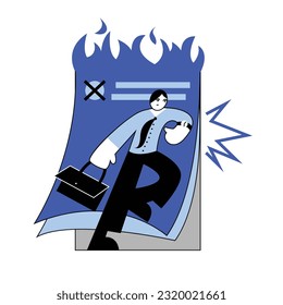 Man with briefcase looking at watch, running to work. Hard work business day. Unfinished work, late employee concept. Time management. Flat vector illustration in blue colors
