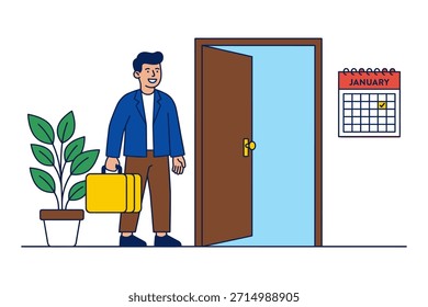 Mann mit Aktenkoffer bereit, um neuen Monat und Jahr zu beginnen. Büro- oder Homeszene mit Kalender, der den Januar anzeigt. Beginn neuer Herausforderungen.
