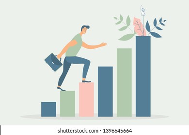 Man with briefcase run to his goal on column of columns, move up motivation, path to the target's achievement.Vector illustration in funky figures style.Decorated cute leaves