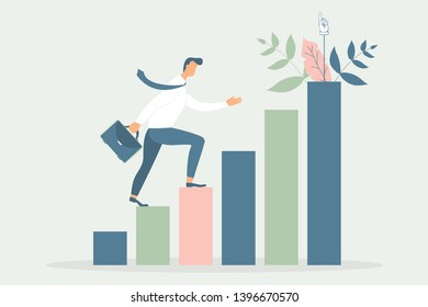 Man with briefcase run to his goal on column of columns, move up motivation, path to the target's achievement.Vector illustration in funky figures style.Decorated cute leaves