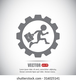 A man with a briefcase running inside gear. Business in the concept of action. Flat design vector illustration.