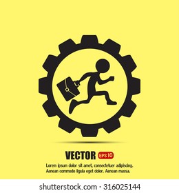 A man with a briefcase running inside gear. Business in the concept of action. Flat design vector illustration.