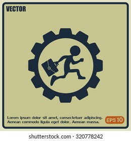 A man with a briefcase running inside gear. Business in the concept of action. Flat design vector illustration.