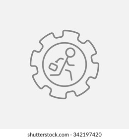 Mann mit Aktentasche, die innerhalb der Zahnradlinie Icon für Web-, Mobil-und Infografiken. Vektorgrafik, dunkelgraues Symbol einzeln auf hellgrauem Hintergrund.