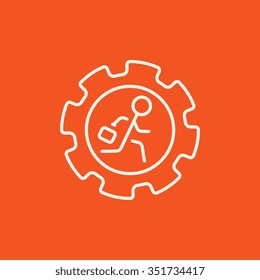 Hombre con maletín que corre dentro del icono de la línea de engranajes para web, móvil e infografía. Icono blanco vector aislado en fondo rojo.