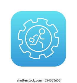 Hombre con maletín que corre dentro del icono de la línea de engranajes para web, móvil e infografía. Icono de blanco vector en el cuadrado de gradiente azul con esquinas redondeadas aisladas en fondo blanco.
