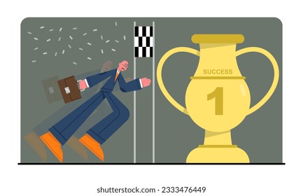 Man with briefcase running towards finish line. Concept of deadlines, successful worker achieve goals by passing all stages of work and receiving trophy. Flat vector illustration