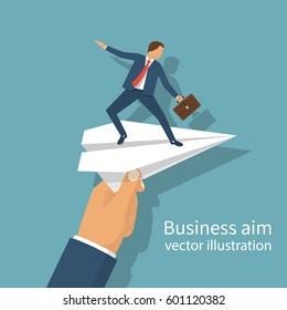 Man with briefcase standing on paper plane to achieve business goal, concept. Aim in business. Vector illustration flat design. Smart solution to achieve mission. Direction victory. Aiming to target.