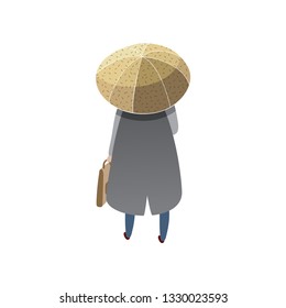 Man with briefcase standing under umbrella, back view. Cartoon character in blue raincoat. Rainy weather. Trendy vector