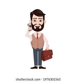 Man with a briefcase is talking on the cellphone. Vector image of a person talking on a mobile phone for animation. Editable strokes. All parts on separate layers with names
