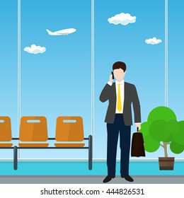 Man with a Briefcase Talking on the Phone in a Waiting Room, Waiting Hall with Businessman in Airport, Travel and Tourism Concept, Flat Design, Vector Illustration 