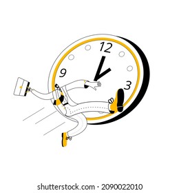 A man with a briefcase is trying to make up for lost time. Vector illustration in an outline style on the topic of time management and working time planning.