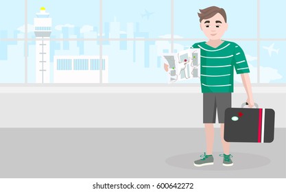 A man with a briefcase waits for his flight and looks at the travel map. The passenger with suitcase. The runway of the airport of the glass. The plane flies in the sky. Flat illustration. Vector.