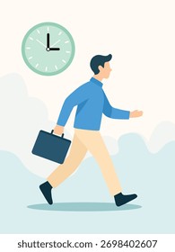 Homem com pasta andando para trabalhar com relógio em segundo plano, ilustrando gestão de tempo e pontualidade