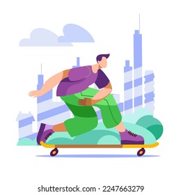 A man in bright clothes quickly rides a skateboard against the background of the city. Vector illustration in a flat style.