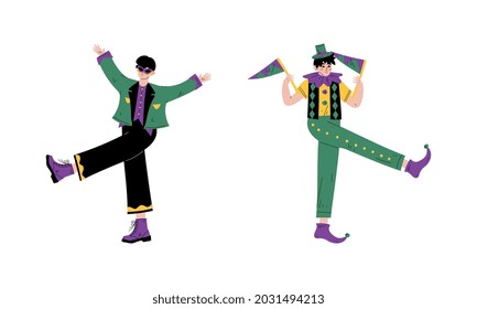 Man in Bright Costume for Circus Show or Entertaining Performance Vector Set