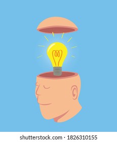 Hombre con bombilla brillante en la cabeza abierta, dibujo de concepto de idea aislado en ilustración vectorial de fondo azul