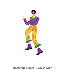 Man in Bright Mardi Gras Costume and Mask Celebrating Carnival Party Vector Illustration