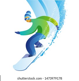 A man in a bright suit to snowboard. Winter landscape with snow. Vector illustration in flat style.