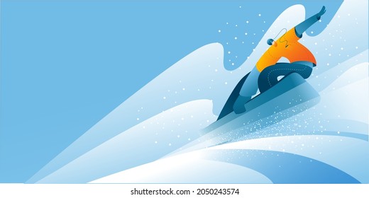 A man in a bright suit to snowboard. Winter landscape with snow. Horizontal banner template.