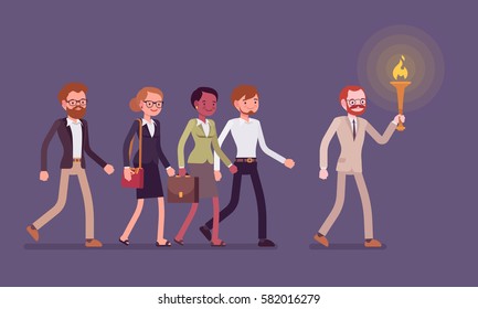 Man with a bright torch, leader of intellectual movement with personal power, and a team of people following him, his ideas, opinion in the darkness, full length