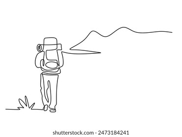 Man bring bag stick do hiking sport on mountain continuous line drawing. Adventure sport concept. Vector illustration minimalist design hand drawn.