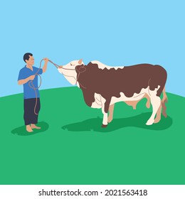 man bring big cow to the green field