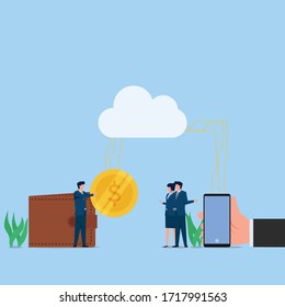 Man bring coin for payment when other want to online from cloud. Business flat vector concept illustration for Wallpaper, Banner, Background, Infographic, Book, And Web Landing Page.