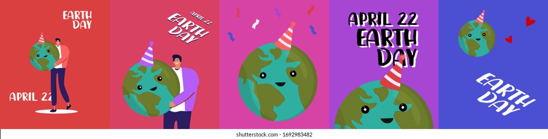 Man bring happy planet, Happy earth day card with cute planet holding heart, green world love.view of America Africa Europe. 22 april day of our Earth.